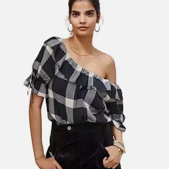 Anthropologie Porridge Ruffle Sleeve Top in Check Print - Picture 2 of 8